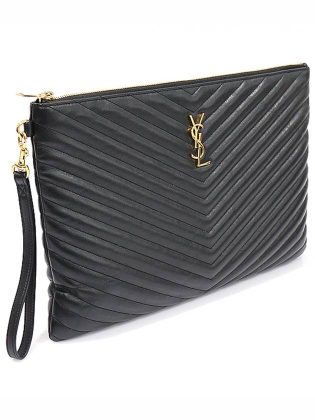 Luxury Saint Laurent 440222 Black Matelasse Monogram Document Holder Strap Clutch