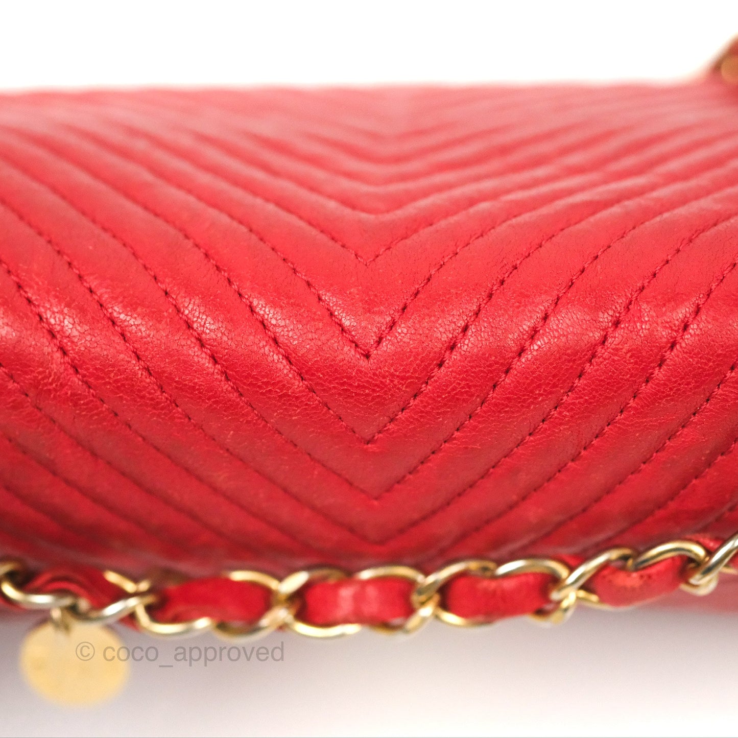 Chanel Small Chevron Surpique Flap Red Calfskin Aged Gold Hardware