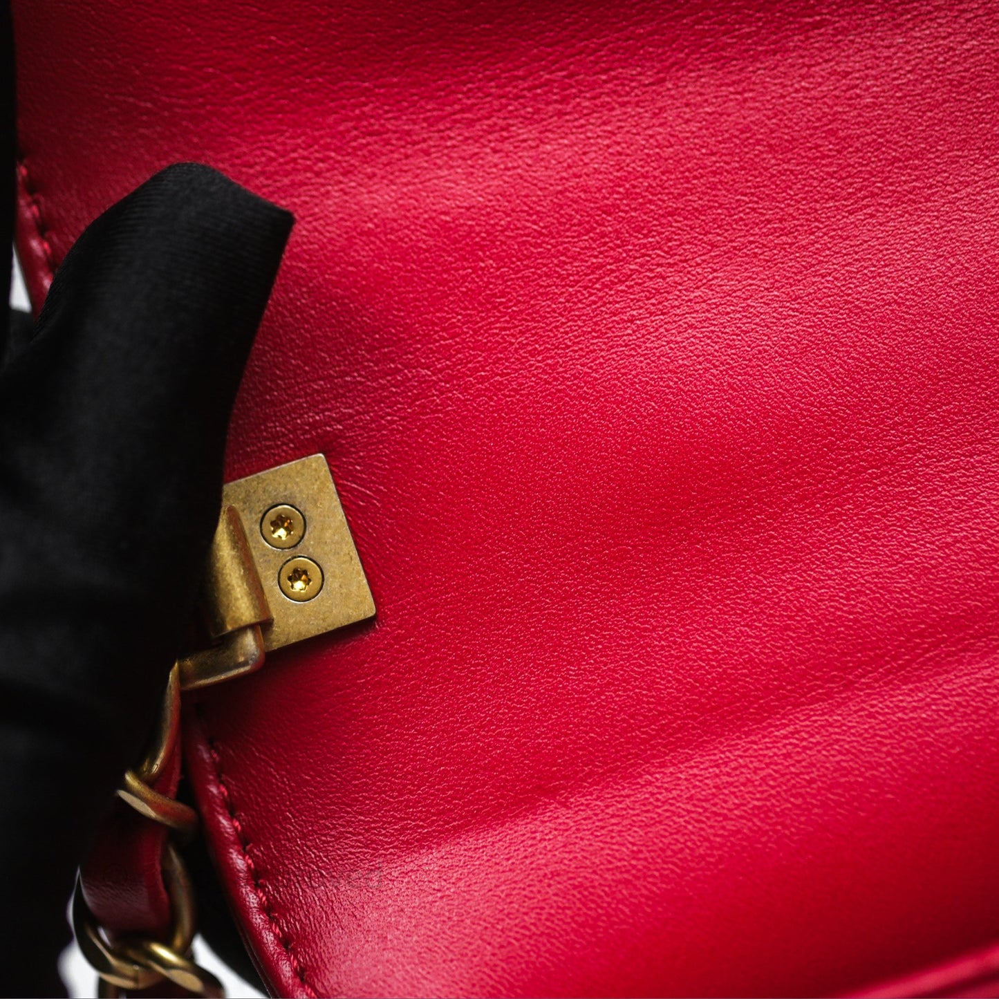Chanel Quilted Flap Bag  with Pearl Logo Top Handle Red Lambskin Aged Gold Hardware