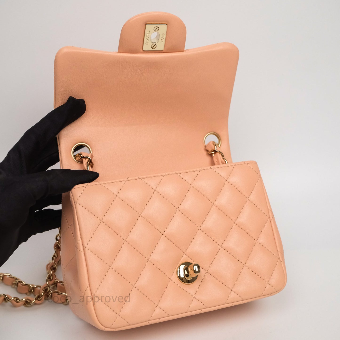 Chanel Mini Square Flap Quilted Orange Clair Lambskin Gold Hardware