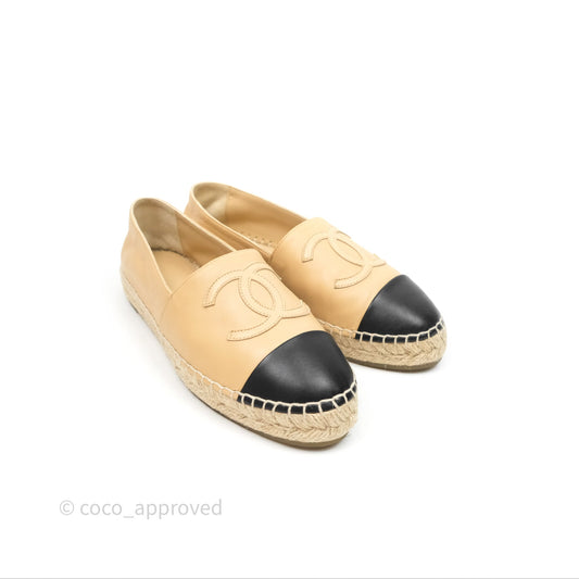 Chanel CC Espadrilles Beige Black Lambskin Size 38