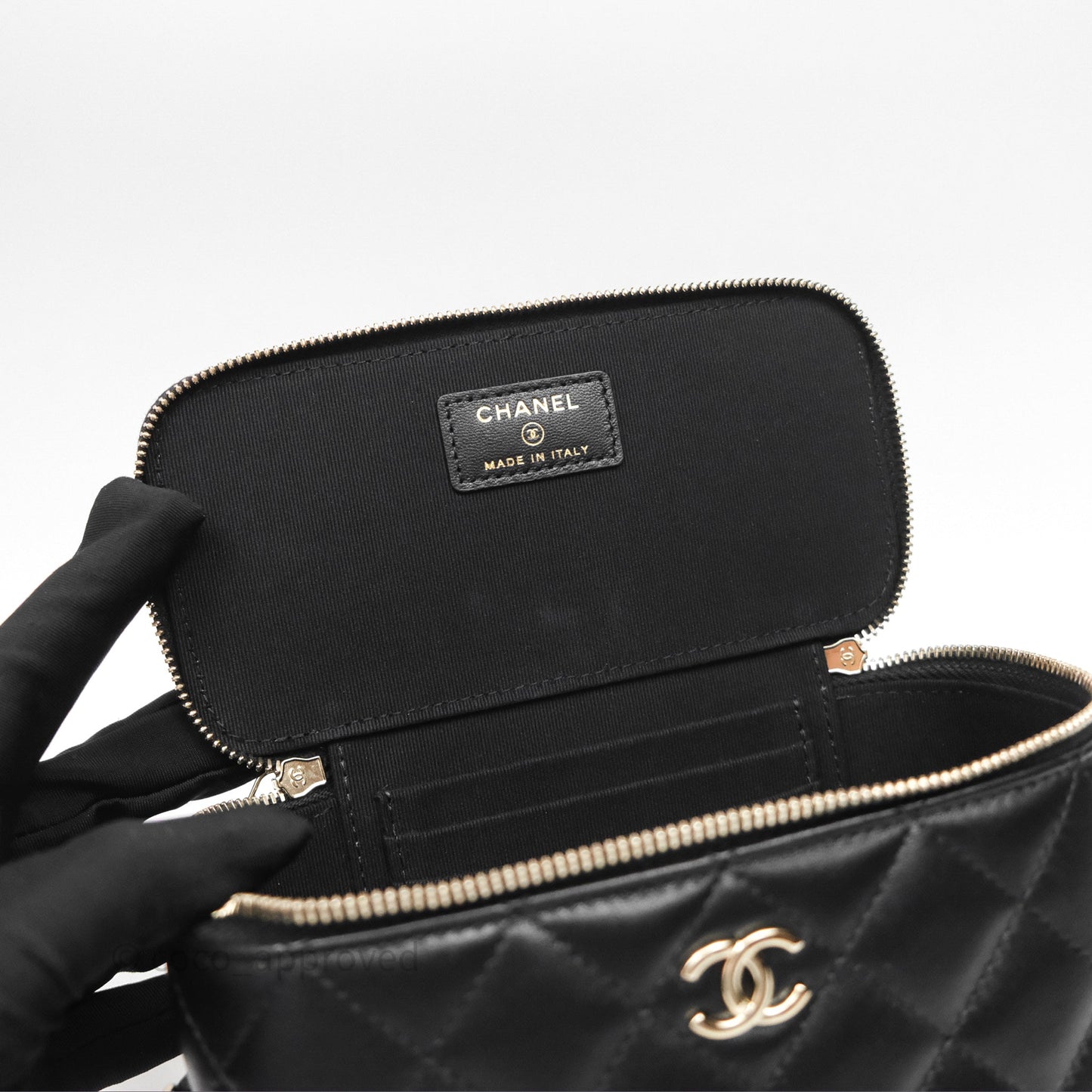 Chanel Classic Vanity Rectangular Top Handle With Chain Black Lambskin Gold Hardware