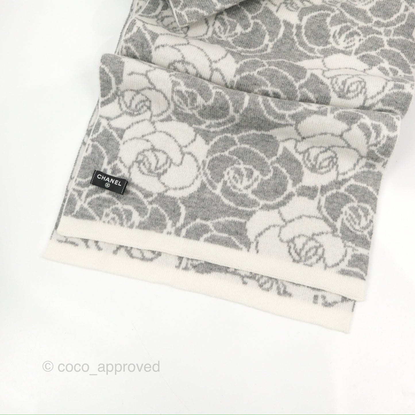 Chanel Camellia Grey/White Cashmere Scarf