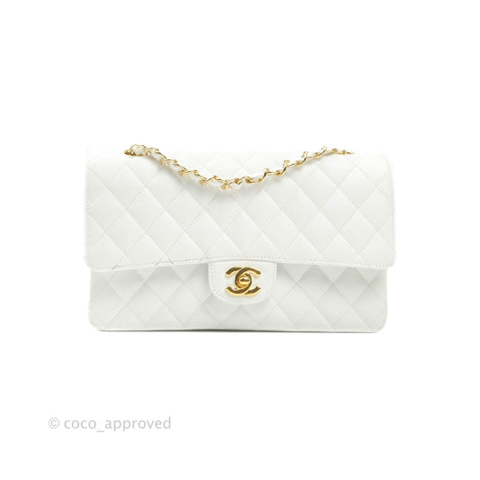 Chanel M/L Medium Double Flap Bag White Caviar Gold Hardware
