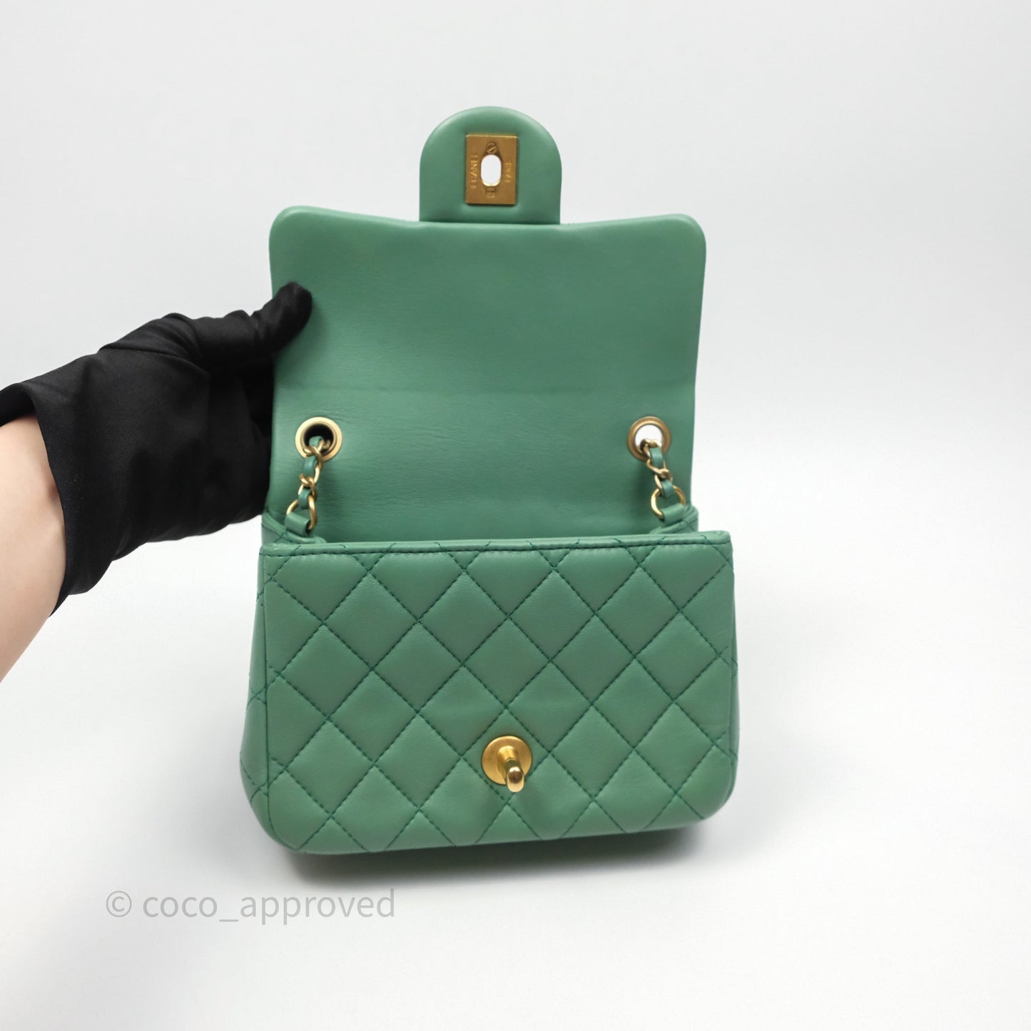 Chanel Pearl Crush Mini Square Quilted Green Lambskin Aged Gold Hardware