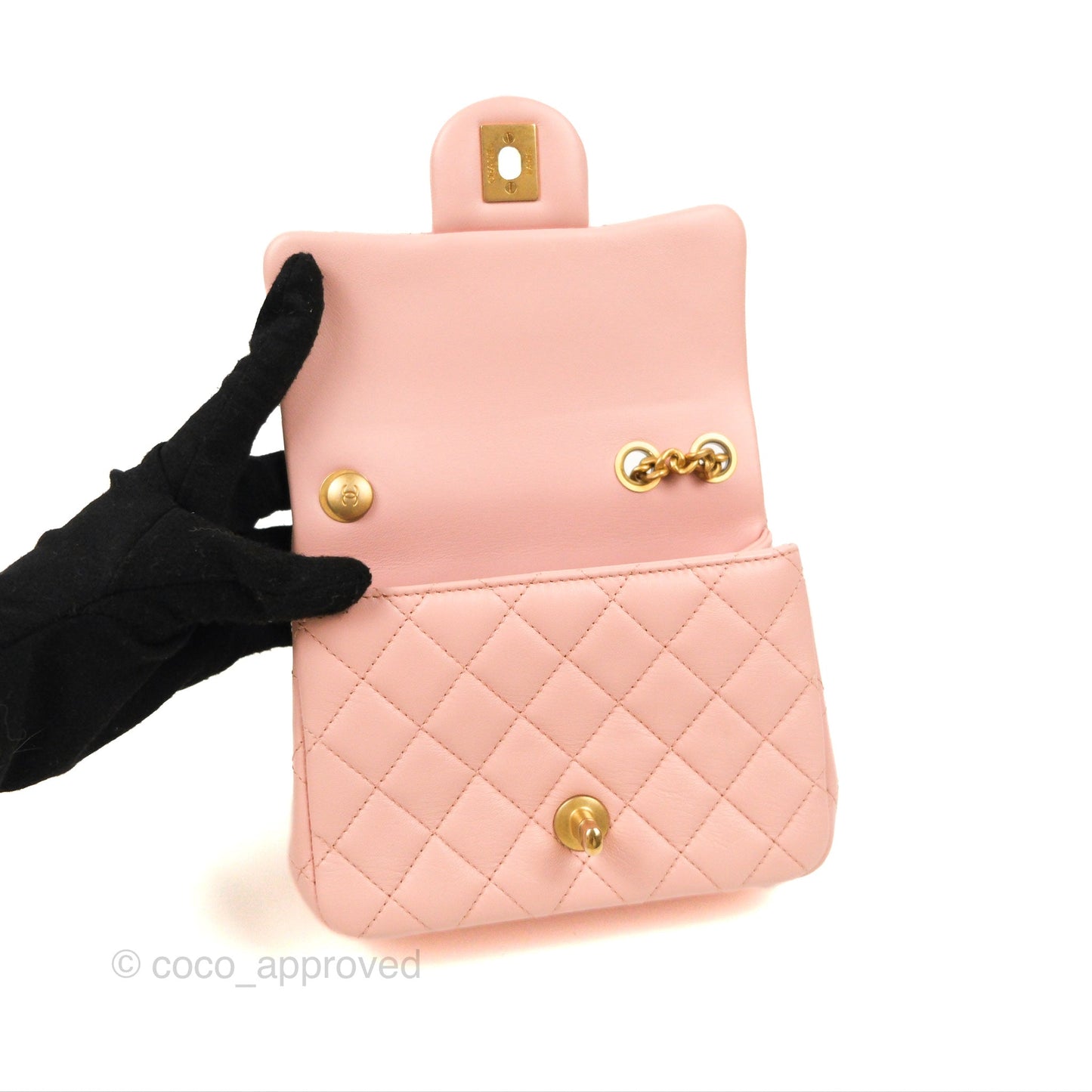 Chanel Quilted Mini Square Flap with Camellia Adjustable Chain Pink Clair Lambskin 23S