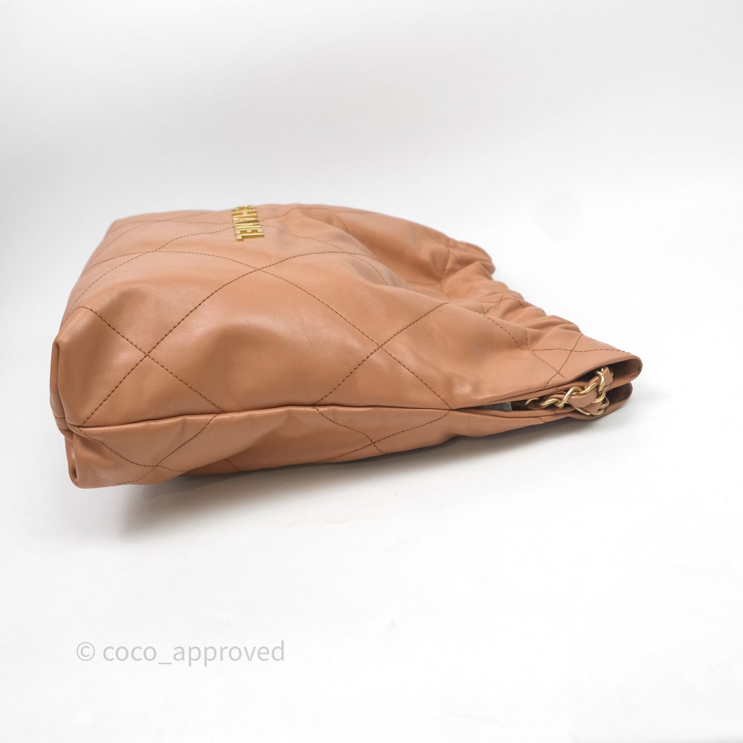 Chanel 22 Small Caramel Beige Shiny Calfskin Aged Gold Hardware