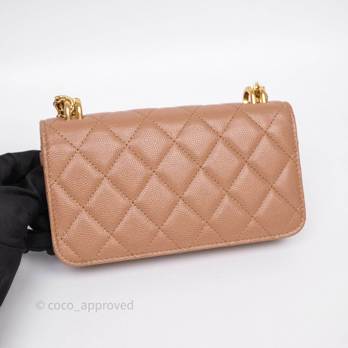Chanel Coco First Phone Holder Dark Beige Caviar Gold Hardware 22K