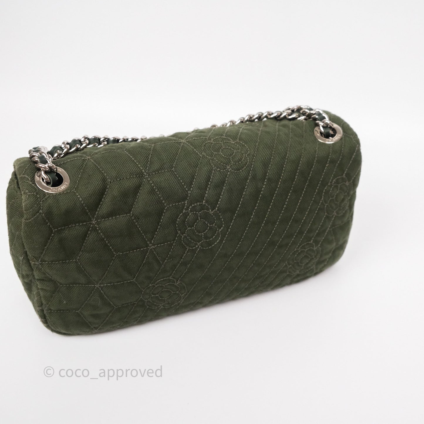 Chanel Camellia Flap Bag Army Green Denim Silver Hardware