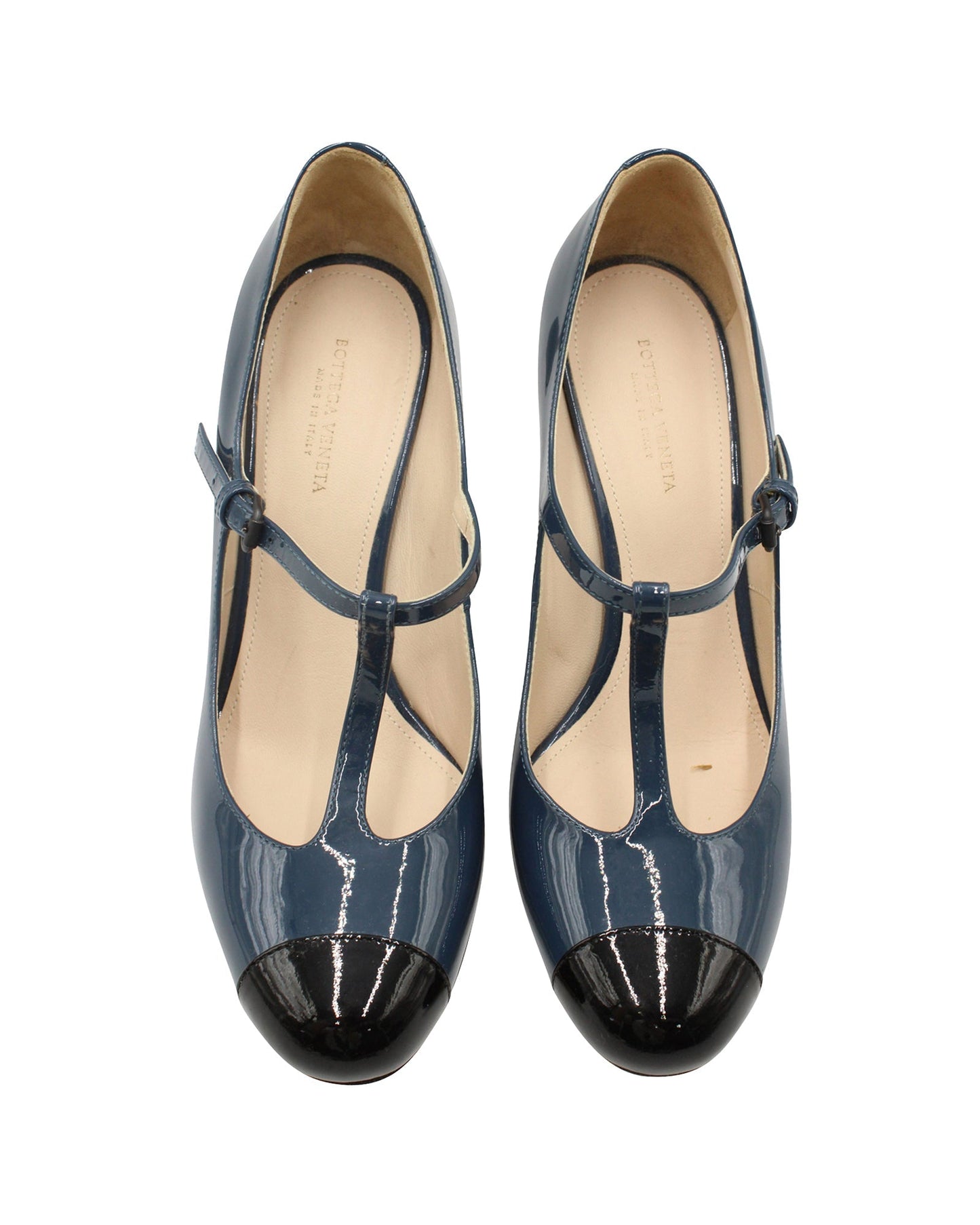 Luxury Bottega Veneta T-Strap Two-Toned Mary Janes in Blue Patent Leather