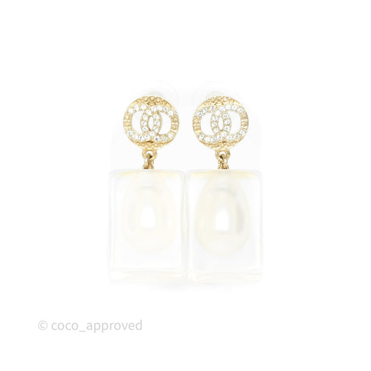 Chanel CC Crystals Pearl Resin Cube Drop Earrings 19K