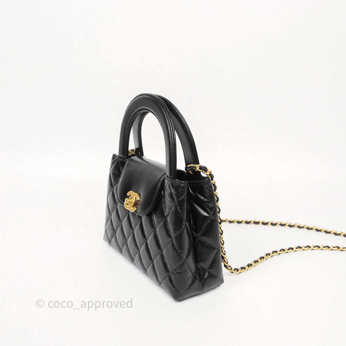 Chanel Kelly Bag Quilted Black Shiny Crumpled Calfskin Aged Gold Hardware