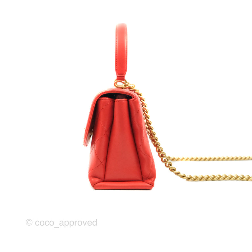 Chanel Top Handle Flap Bag Red Lambskin Aged Gold Hardware