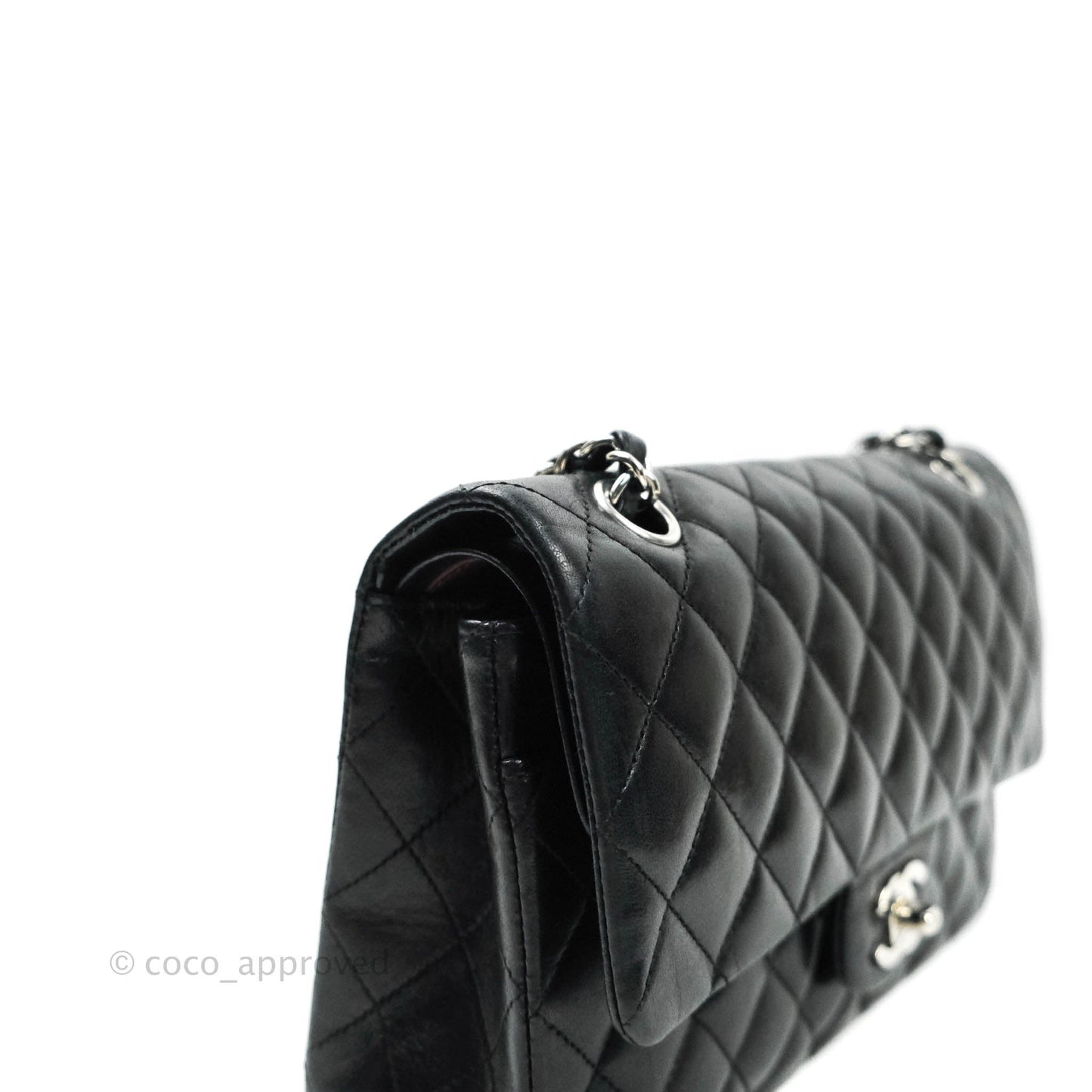 Chanel Classic M/L Medium Double Flap Bag Black Lambskin Silver Hardware