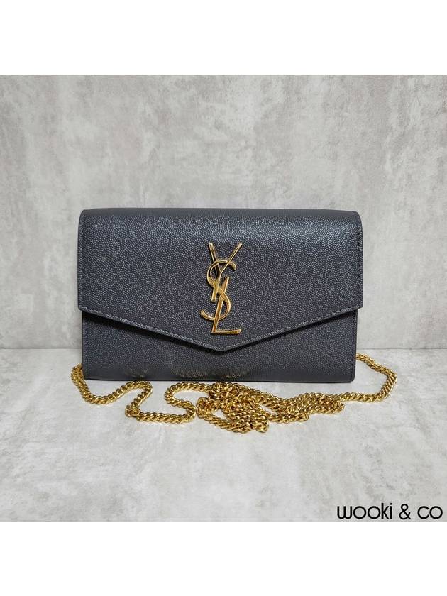 Luxury Saint Laurent Monogram Uptown Chain Embossed Leather Long Wallet Storm Gold