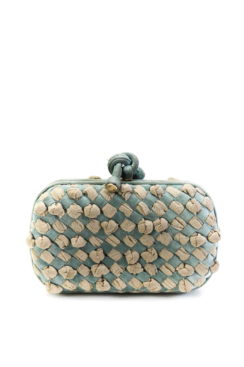 Luxury Bottega Veneta Womens Satin Chiffon Intrecciato Woven Knot Clutch Blue Handbag