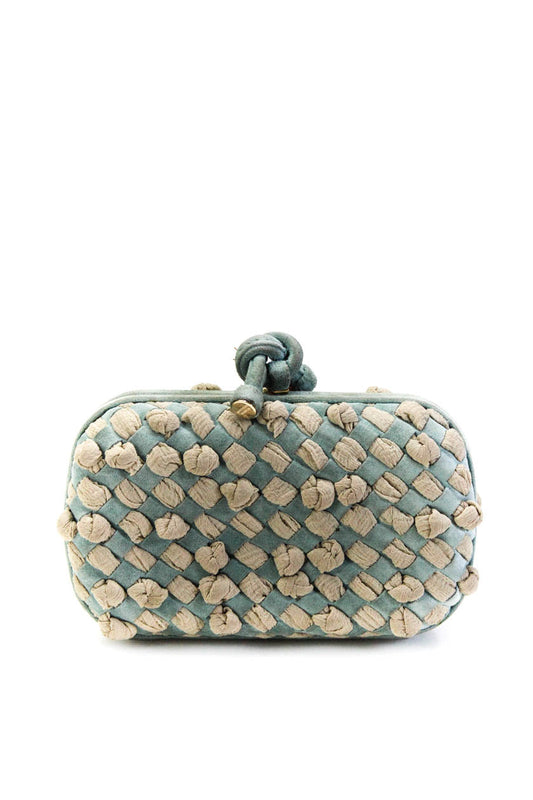 Luxury Bottega Veneta Womens Satin Chiffon Intrecciato Woven Knot Clutch Blue Handbag