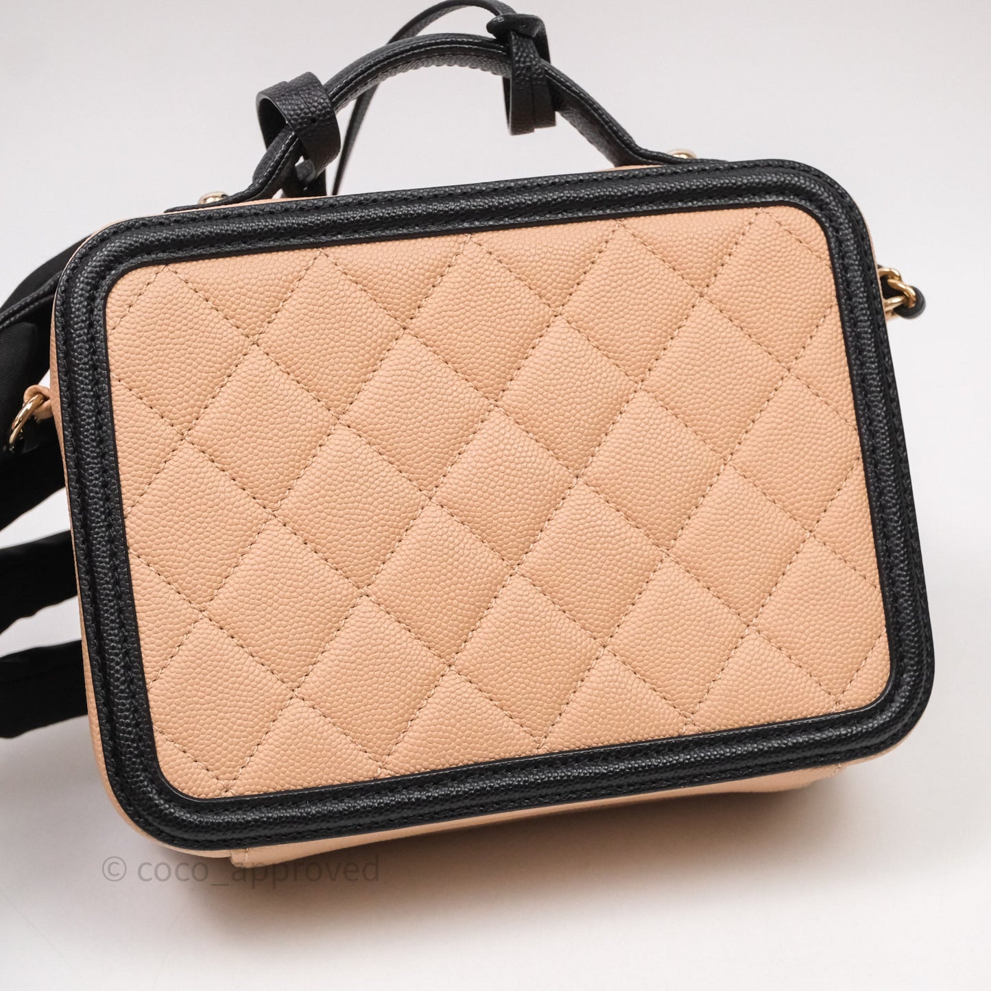 Chanel Quilted New Small CC Filigree Vanity Case Beige Caviar Gold Hardware