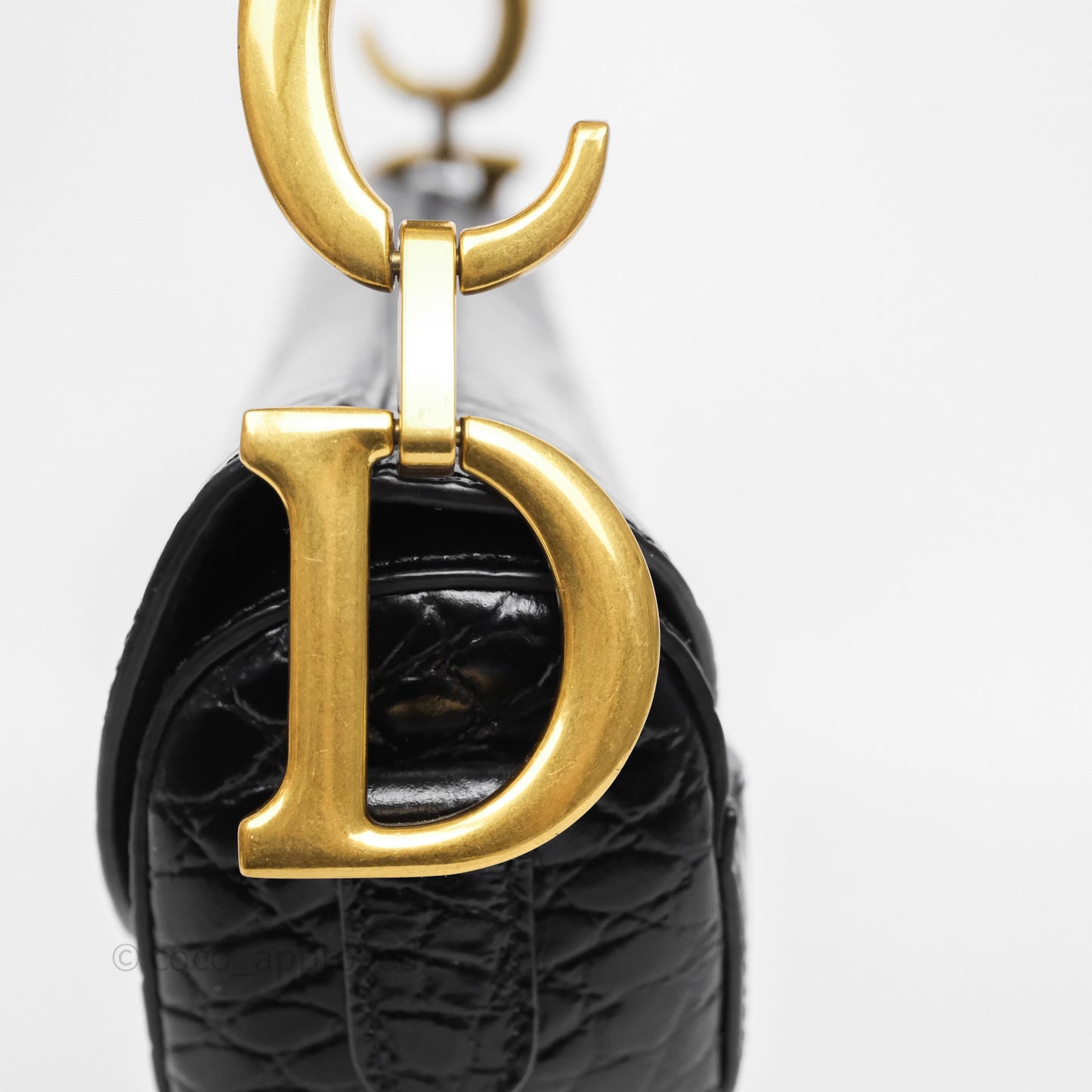 Christian Dior Saddle Bag Black Shiny Crocodile Gold Hardware
