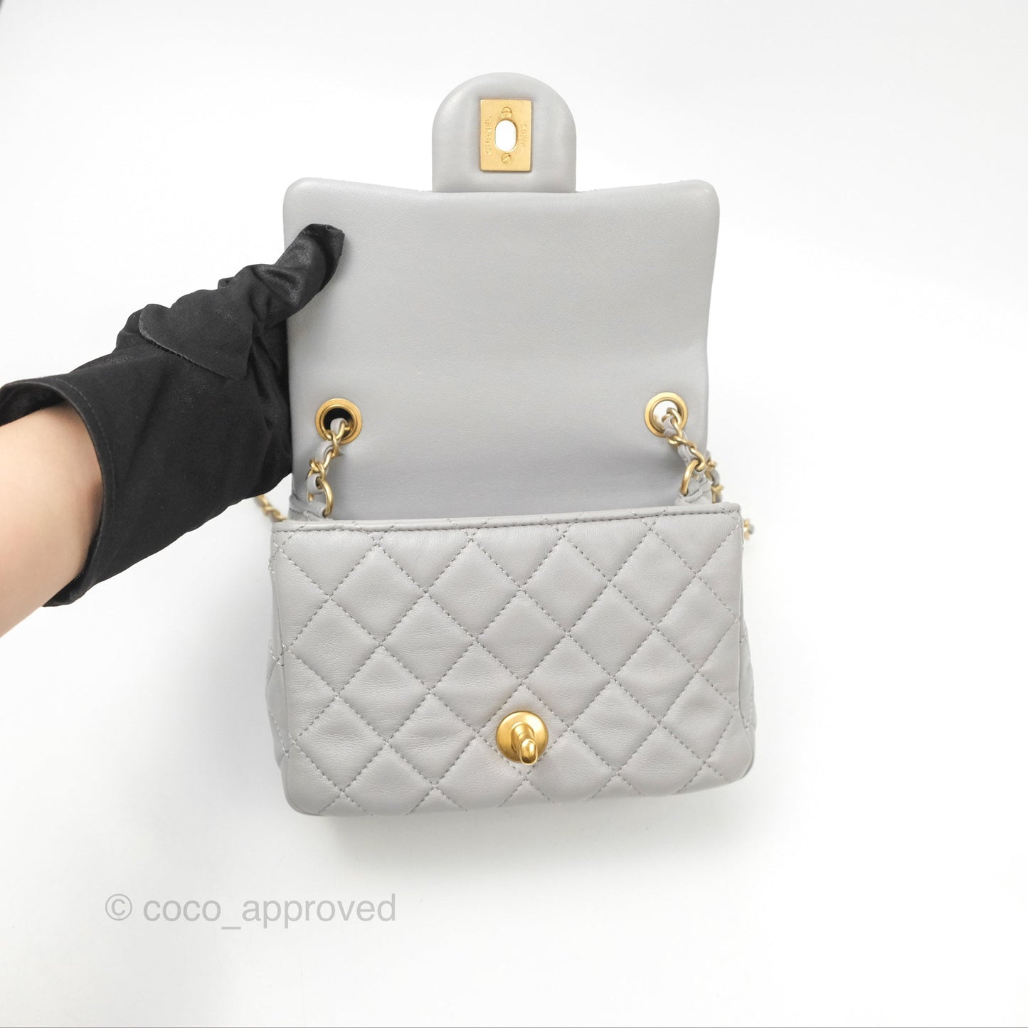 Chanel Pearl Crush Mini Square Quilted Light Grey Lambskin Aged Gold Hardware