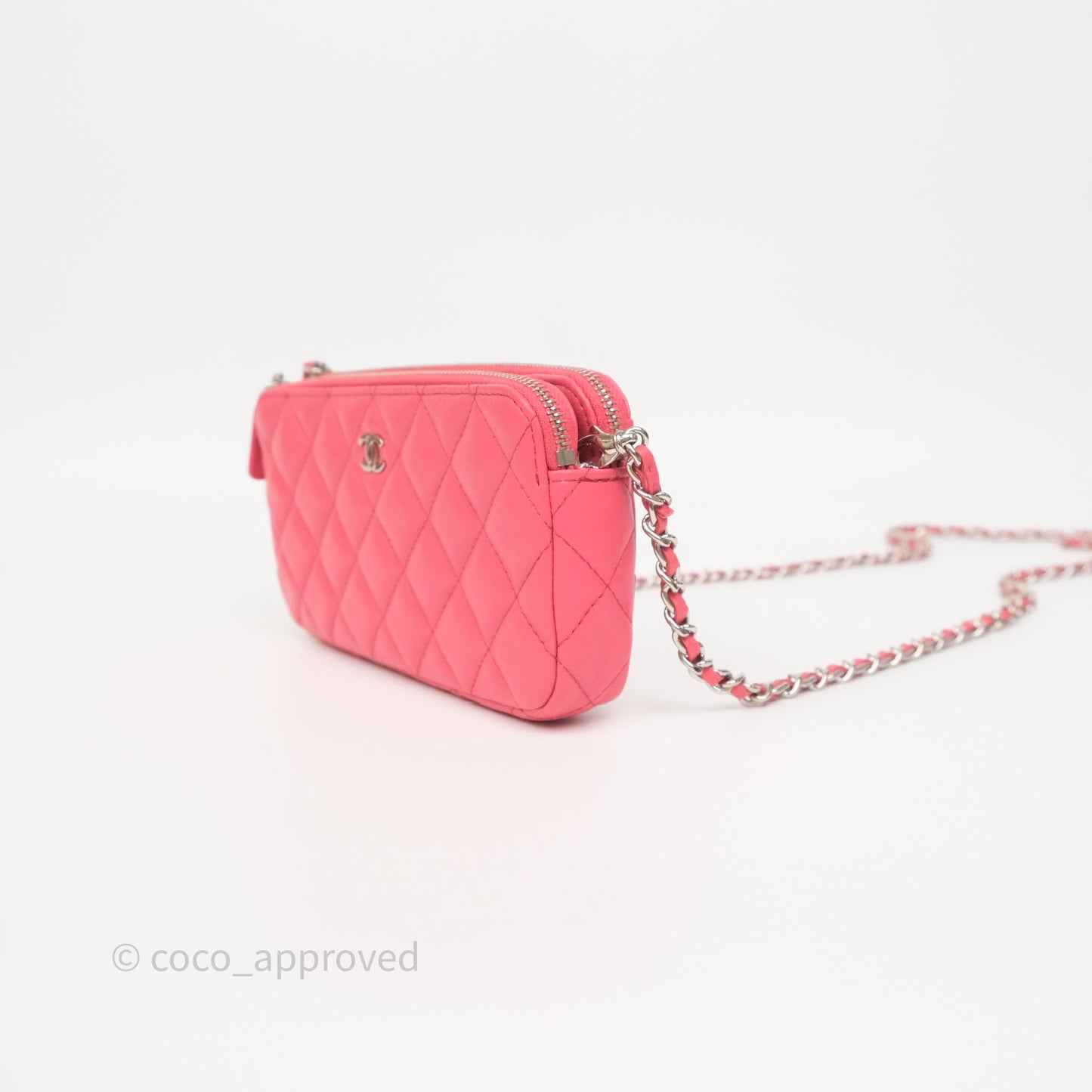 Chanel Double Zip Clutch On Chain Dark Pink Lambskin Silver Hardware
