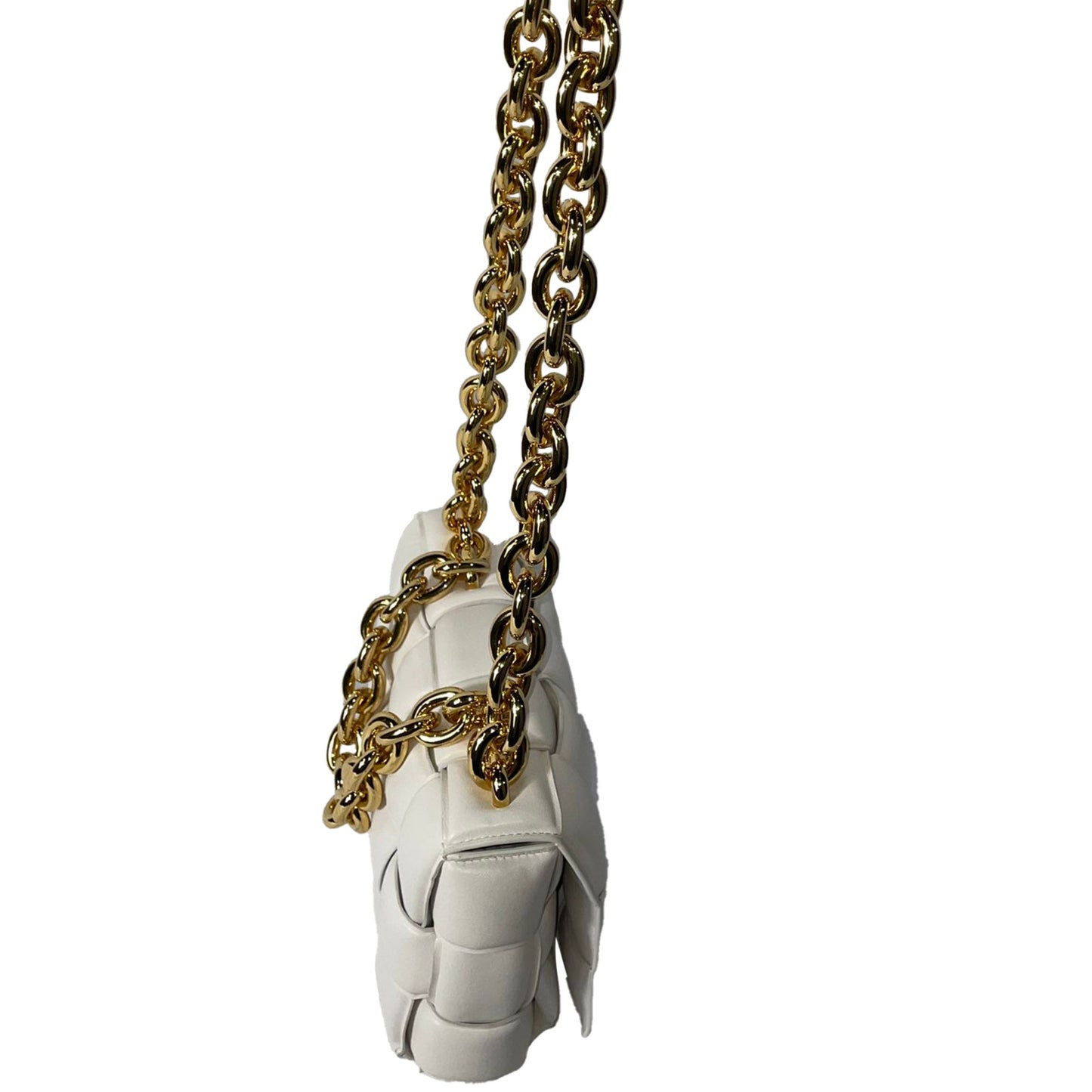 Luxury Bottega Veneta Maxi Cassette Chain Padded Shoulder Bag in White Lambskin Leather