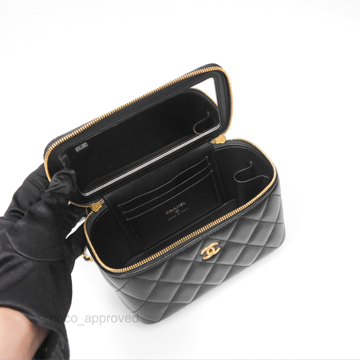 Chanel Vanity with COCO Heart Chain Black Lambskin Aged Gold Hardware