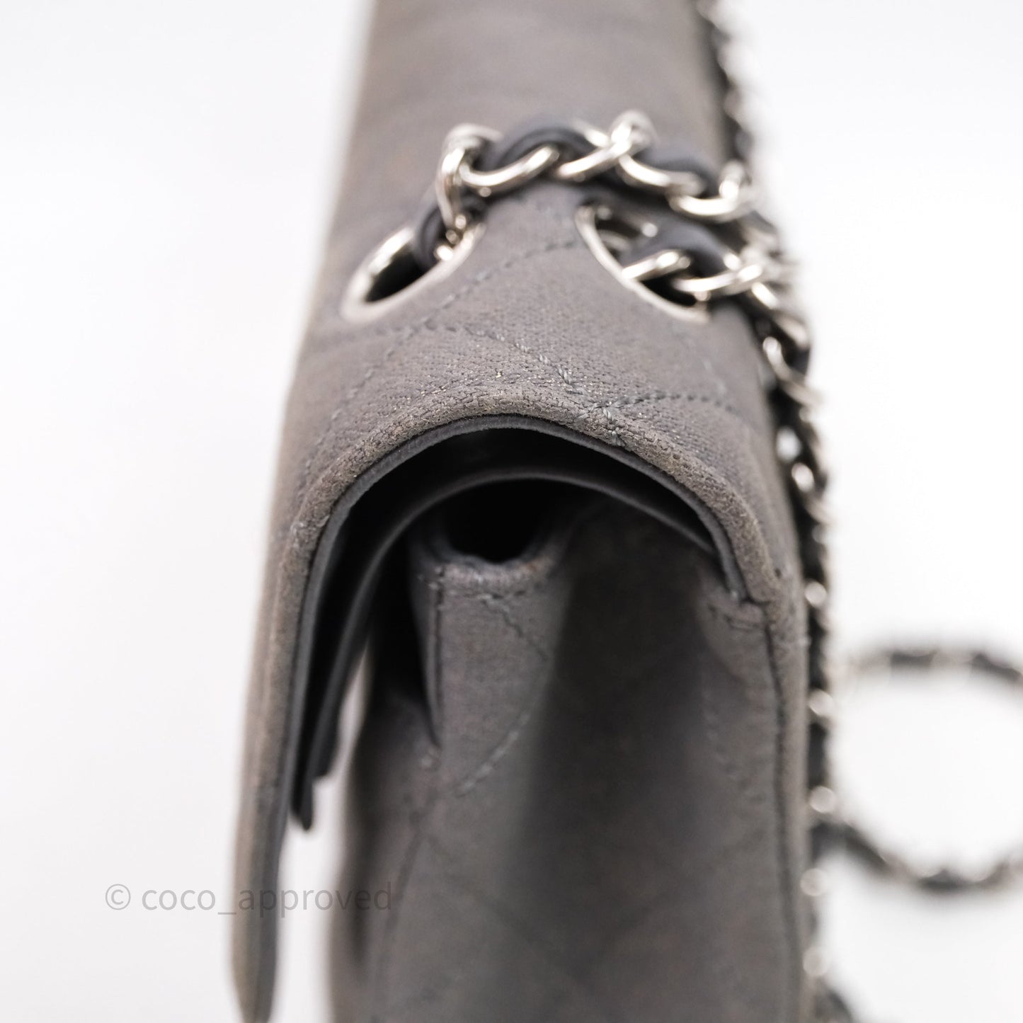 Chanel Classic M/L Medium Flap Quilted Iridescent Metallic Grey Canvas Silver Hardware