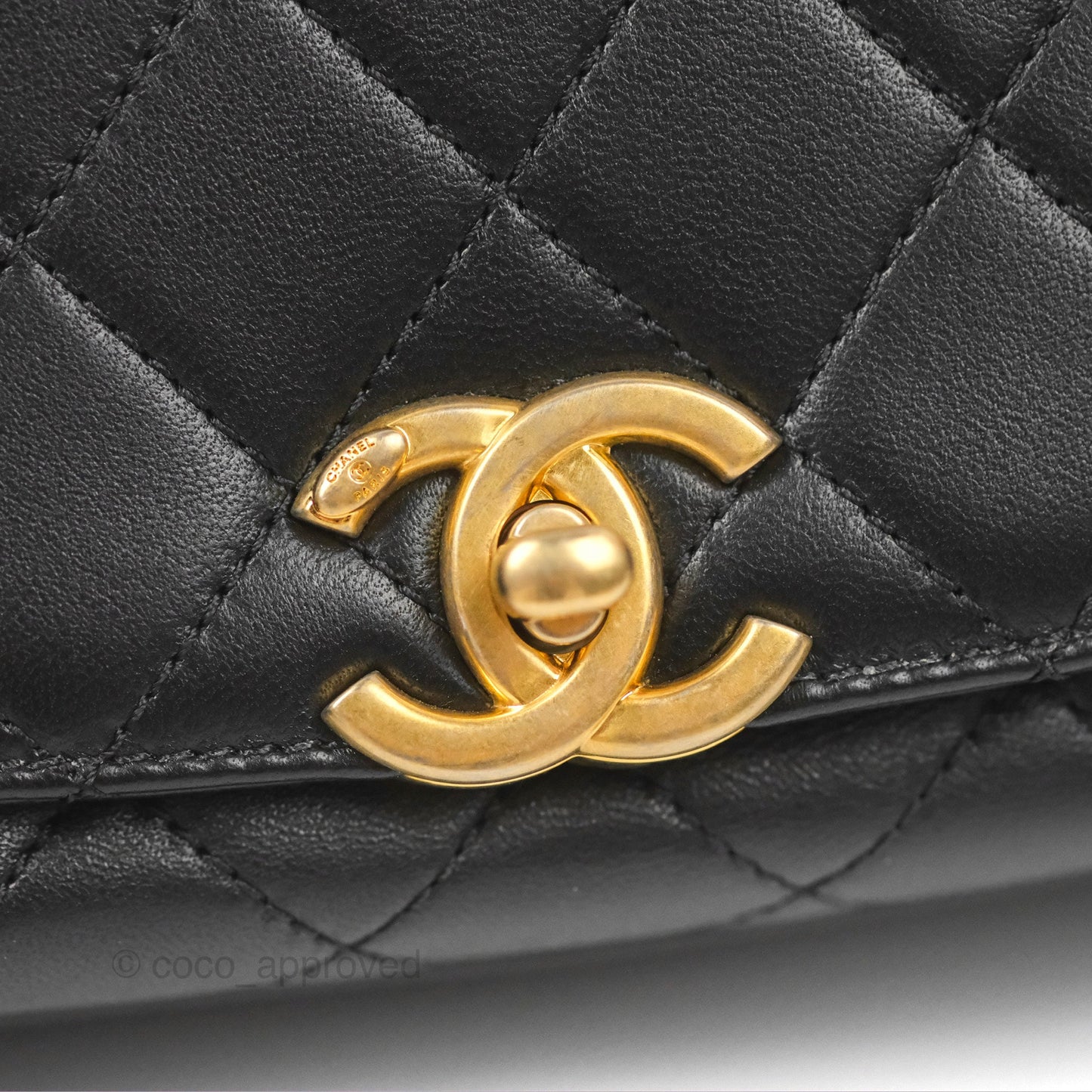Chanel La Parisienne Top Handle Flap Bag Black Lambskin Aged Gold Hardware