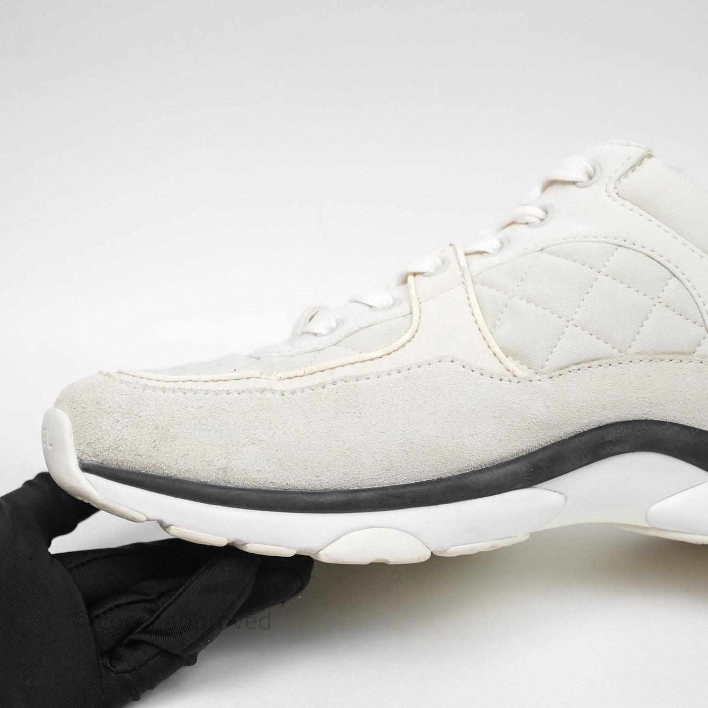 Chanel Logo Sneakers Light Grey Suede Calfskin Size 38.5