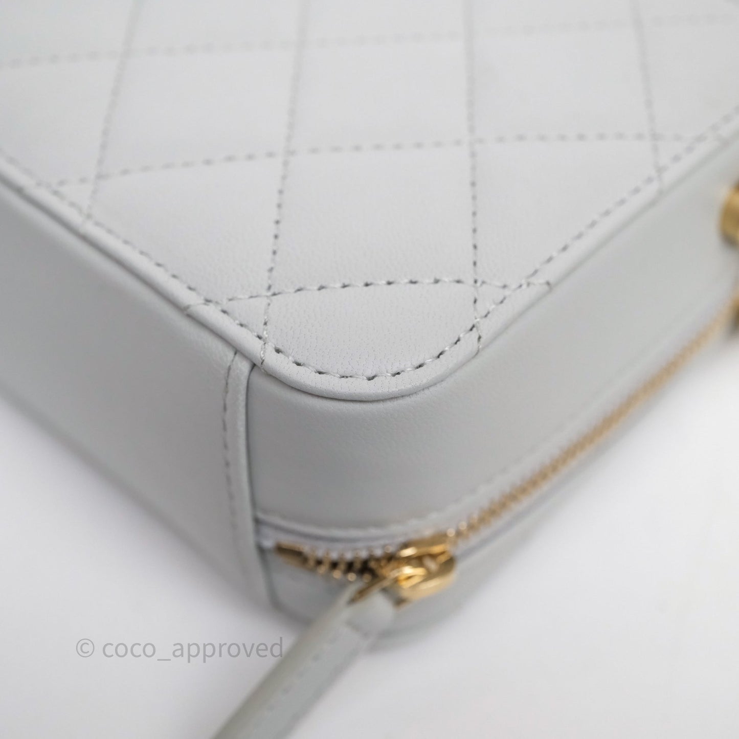 Chanel Quilted CC Pearl Crush Camera Case Light Blue Grey Lambskin Aged Gold Hardware