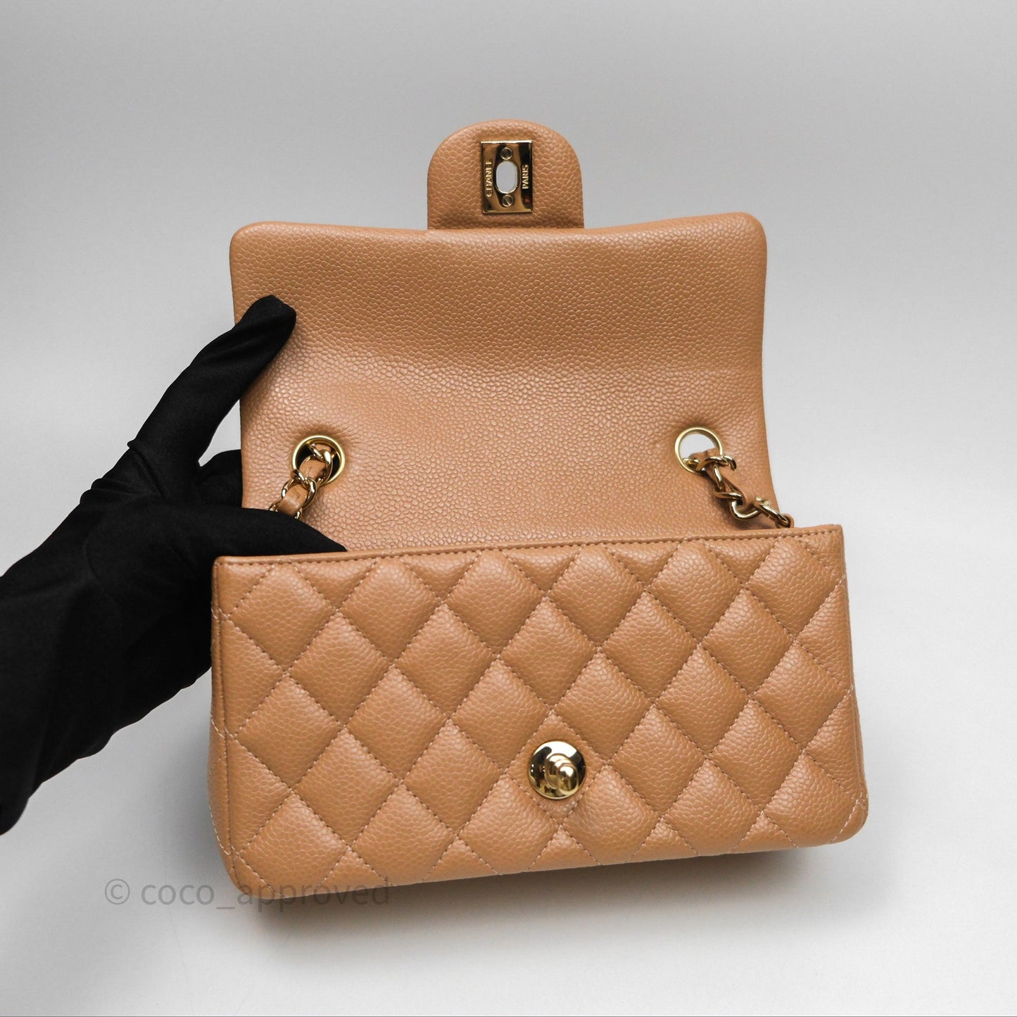 Chanel Mini Rectangular Quilted Dark Beige Caviar Gold Hardware