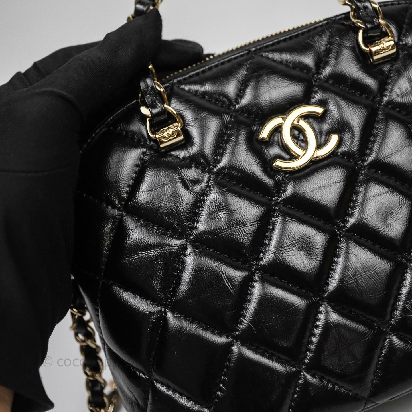 Chanel Handle Clutch with Chain Black Shiny Lambskin Gold Hardware
