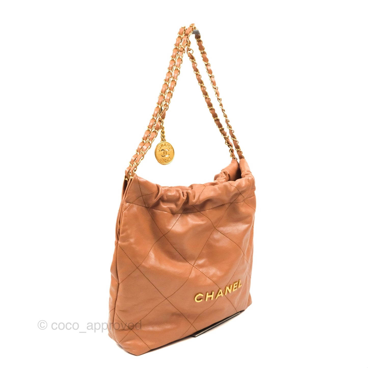 Chanel 22 Small Caramel Beige Shiny Calfskin Aged Gold Hardware