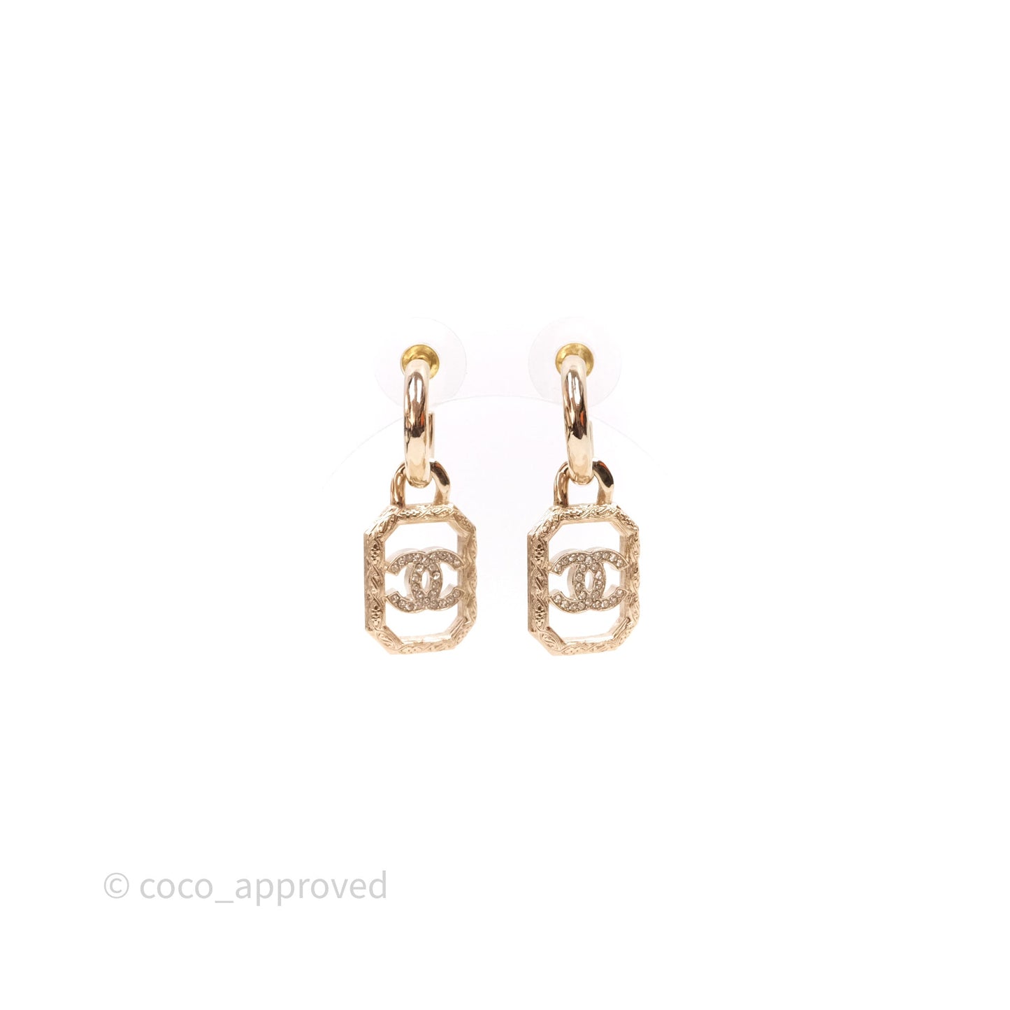 Chanel Crystal CC Drop Earrings Gold Tone 23K