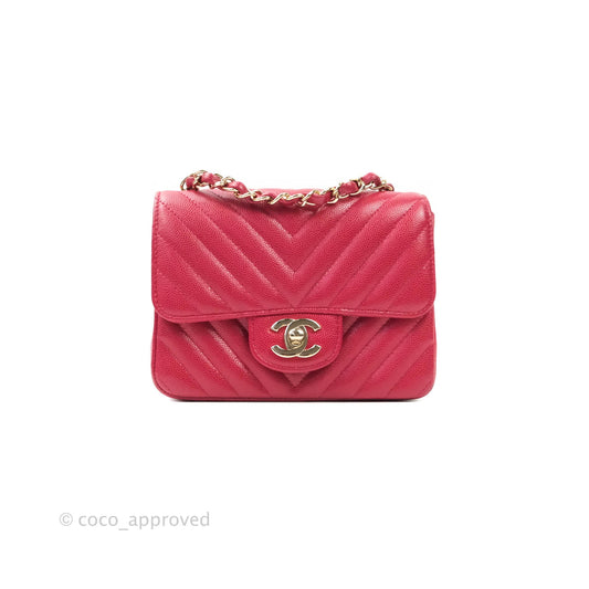 Chanel Mini Square Red Chevron Caviar Gold Hardware 18B