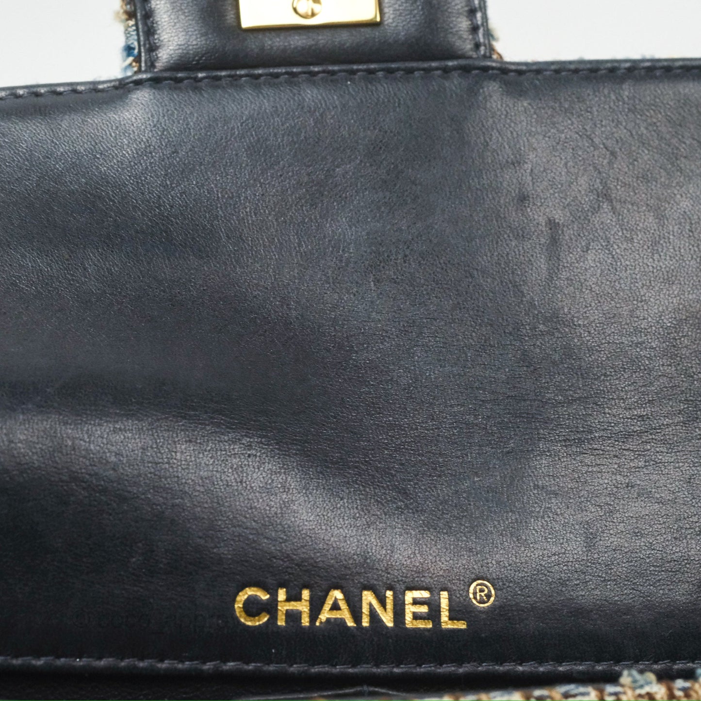 Chanel East West Chocolate Bar Flap Bag Grey Blue Tweed 24K Gold Hardware