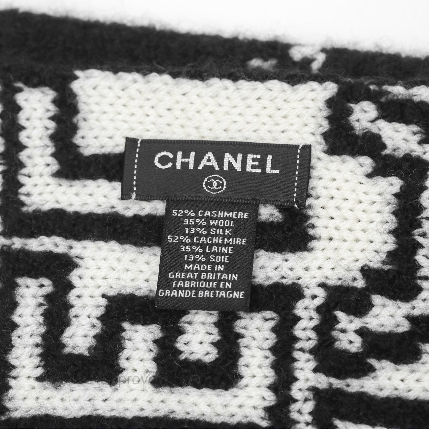 Chanel Logo CC Scarf Black & White Cashmere Wool Silk