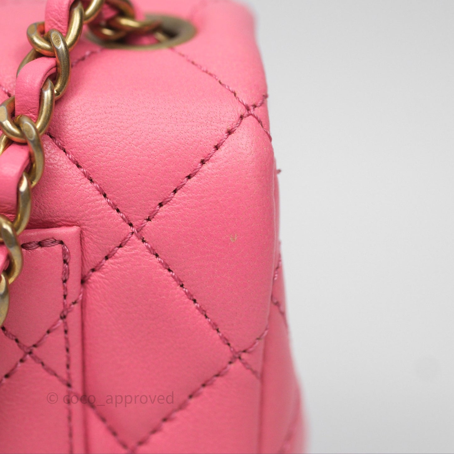Chanel Mini Rectangular Pearl Crush Quilted Pink Lambskin Aged Gold Hardware