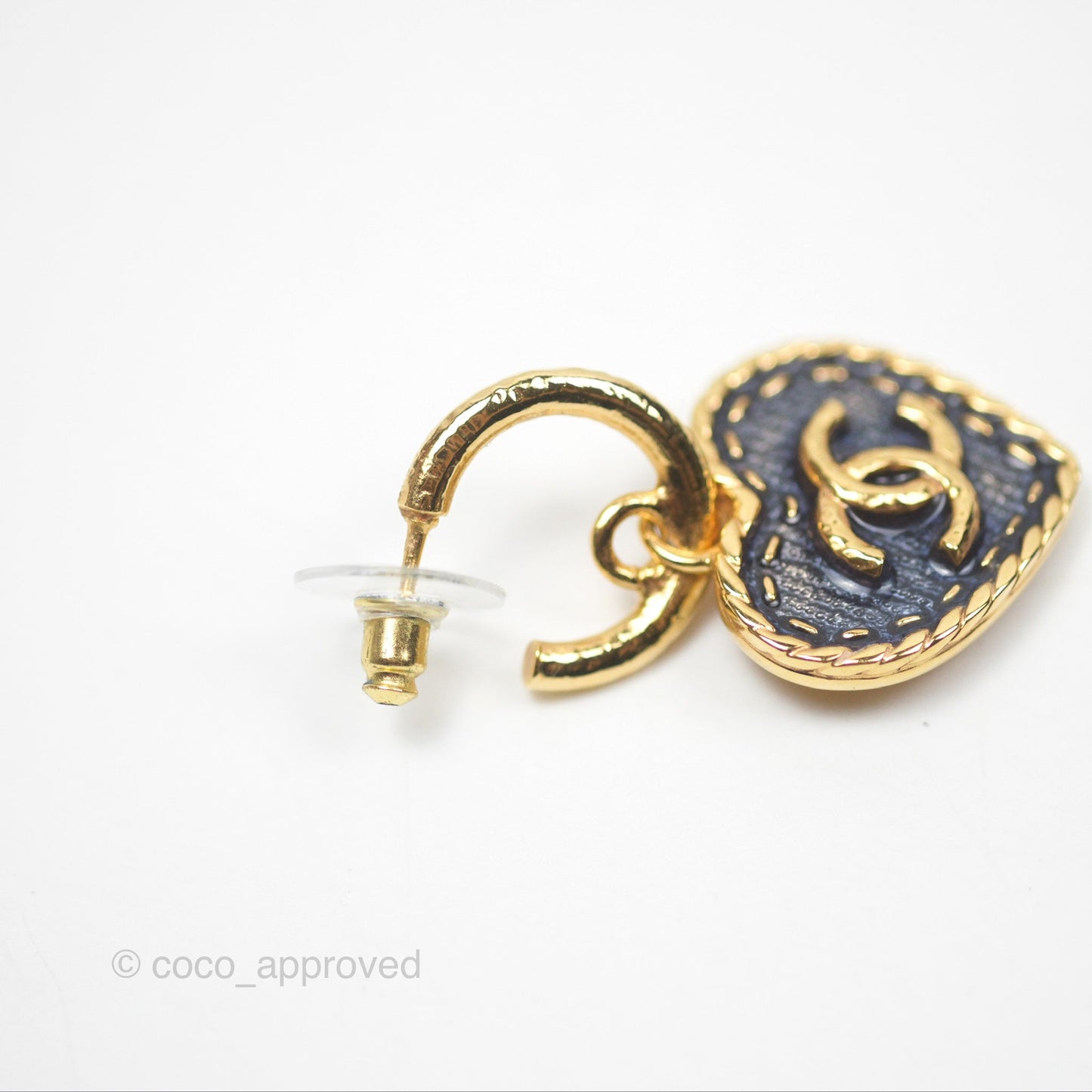 Chanel CC Navy Heart Drop Hoop Earrings Gold Tone 24P