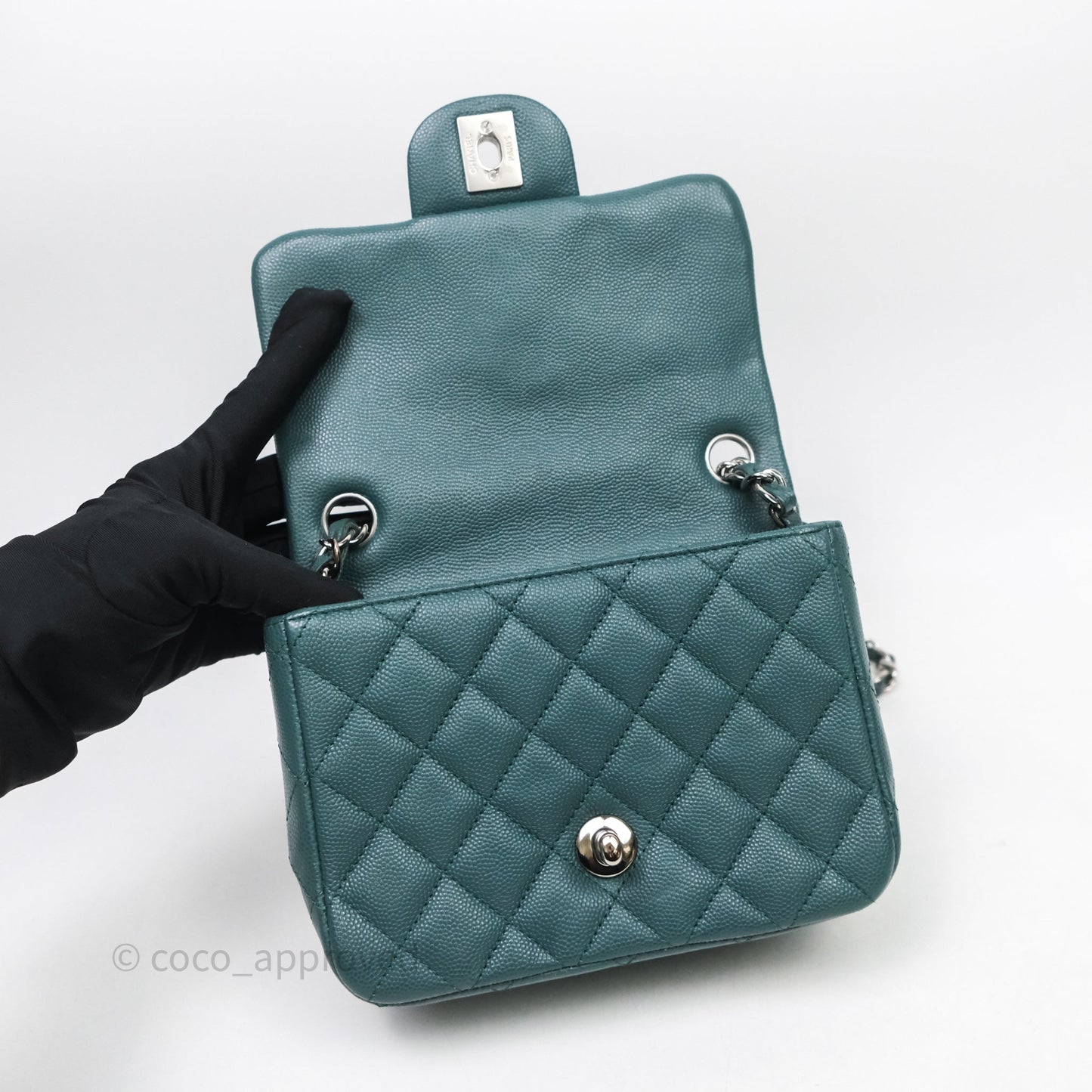 Chanel Quilted Mini Square Flap Dark Green Caviar Silver Hardware