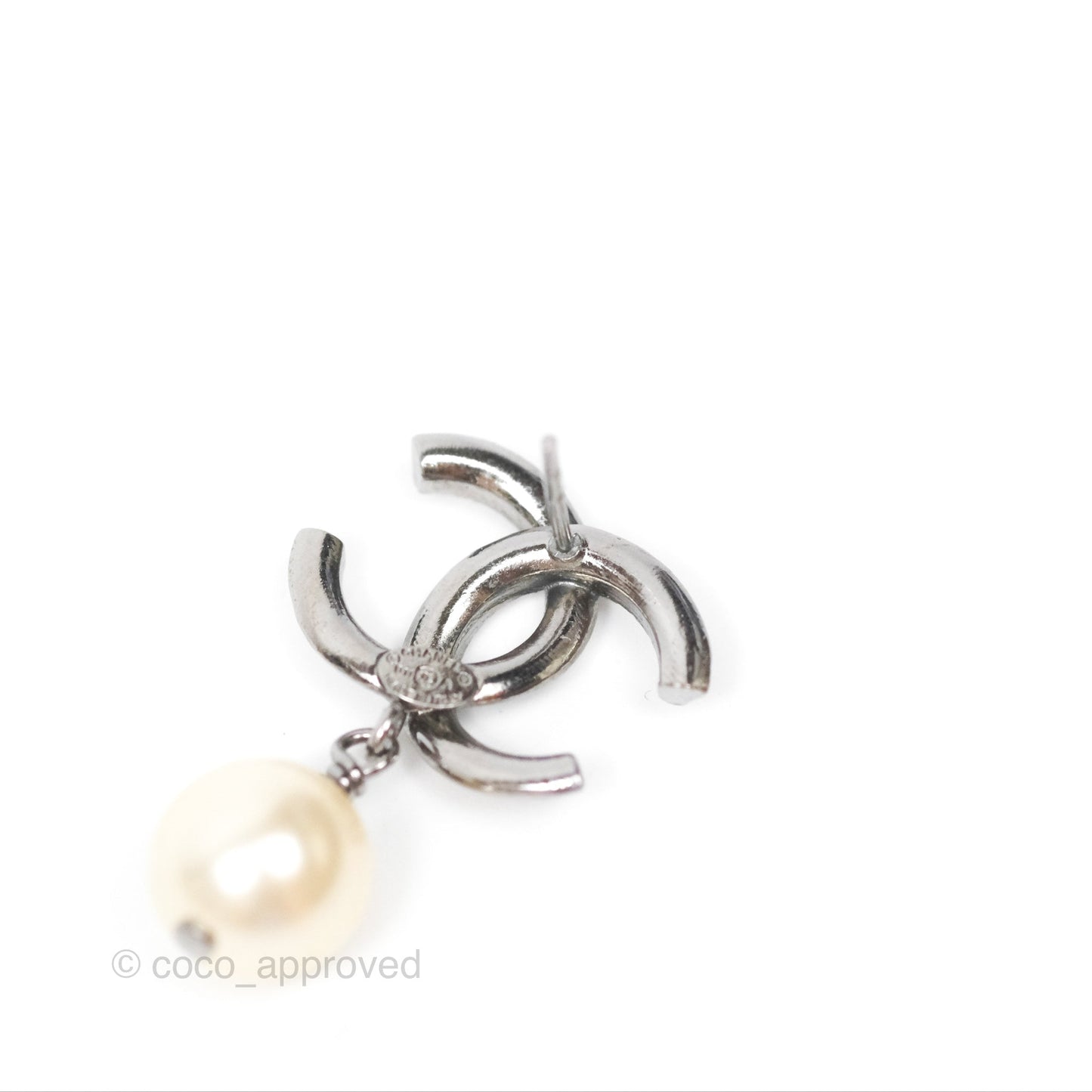 Chanel CC Pearl Drop Earrings Gun Metal 11A