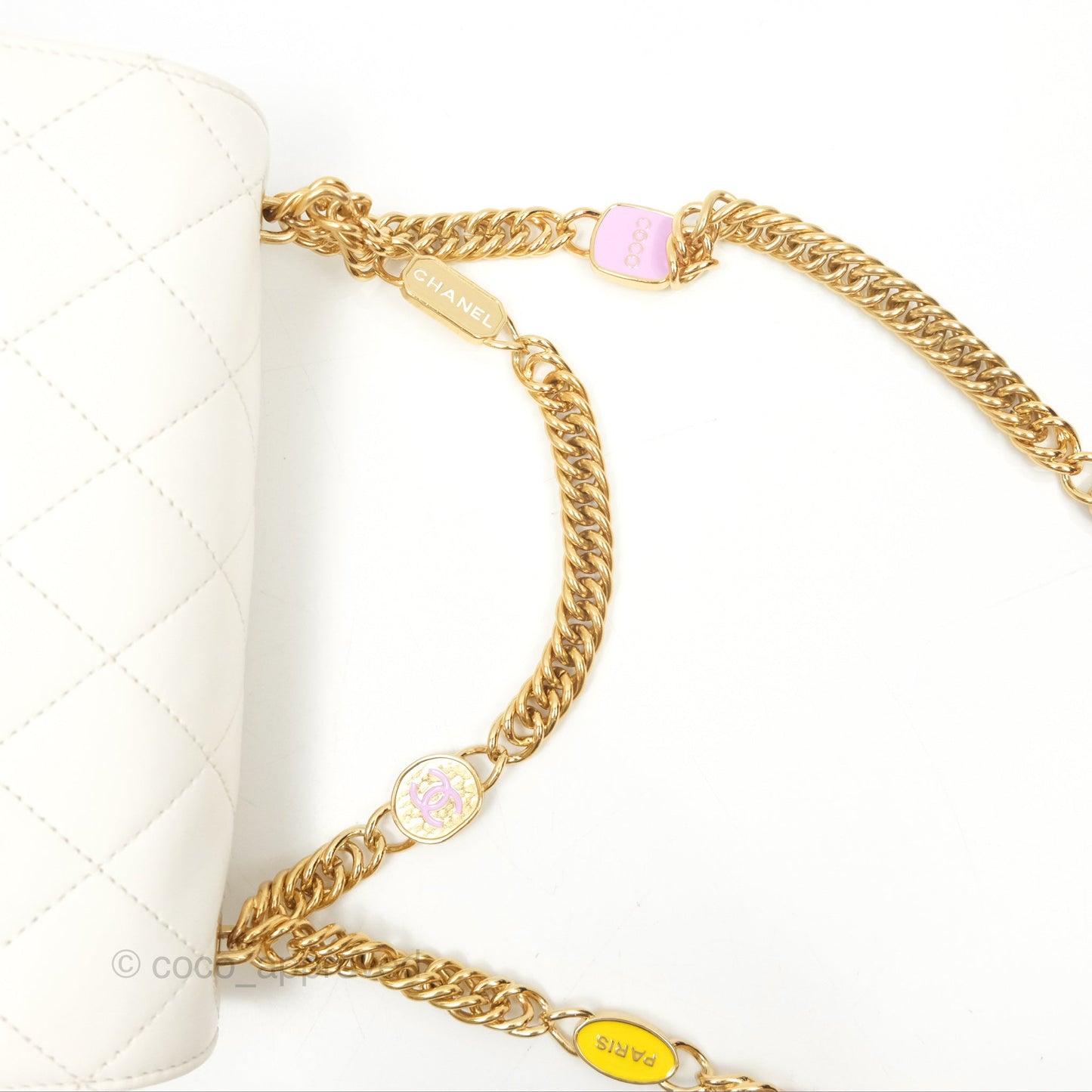 Chanel Mini Flap Bag with Enamel Charm Chain White Lambskin Gold Hardware