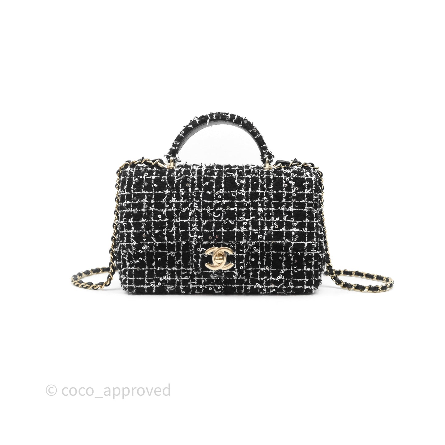Chanel Top Handle Mini Rectangular Flap Black/ White Sequin Tweed Gold Hardware 24P