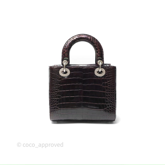 Christian Dior Small Lady Dior Shiny Crocodile Burgundy Diamond Hardware