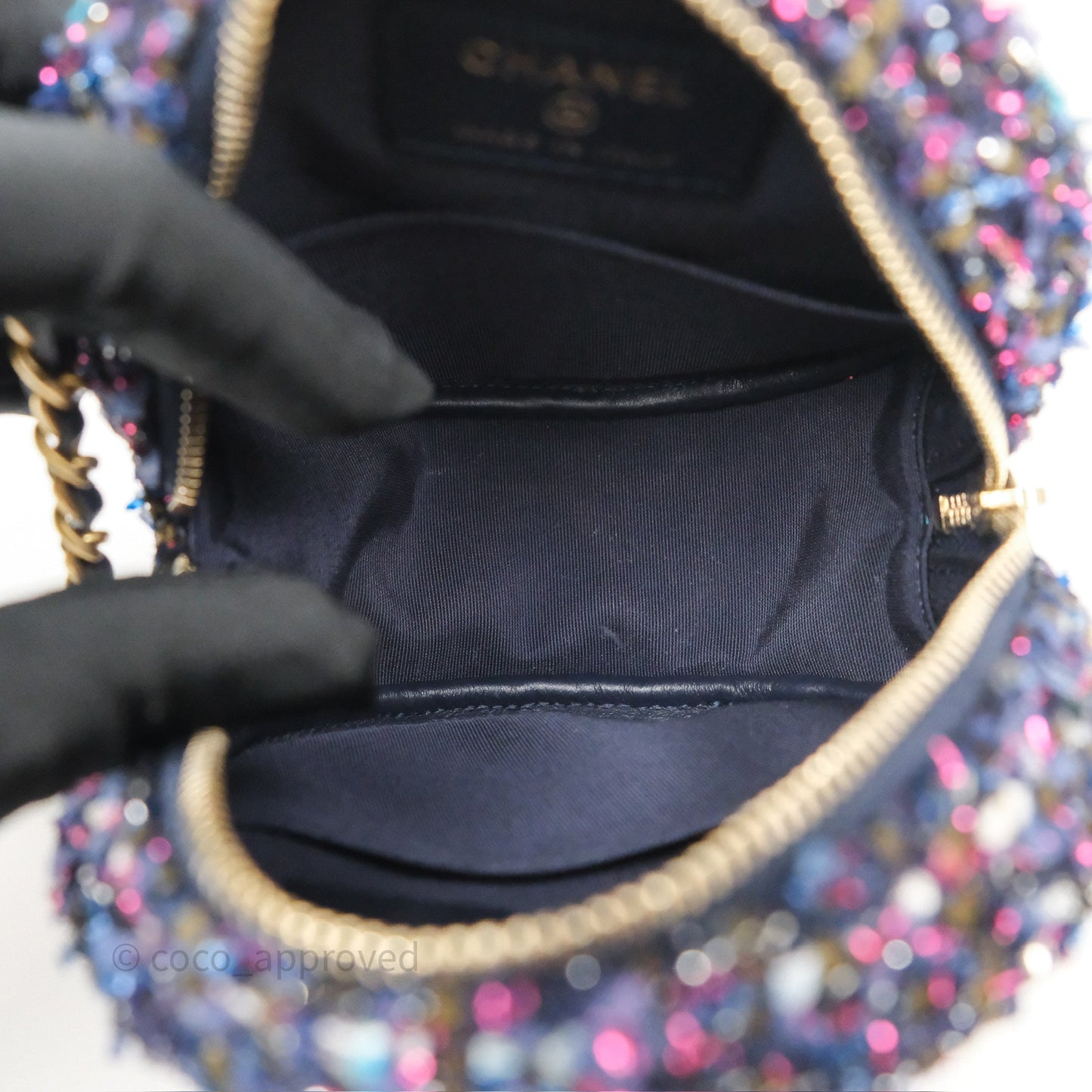 Chanel Charms Round Clutch With Chain Navy Purple Tweed Aged Gold Hardware