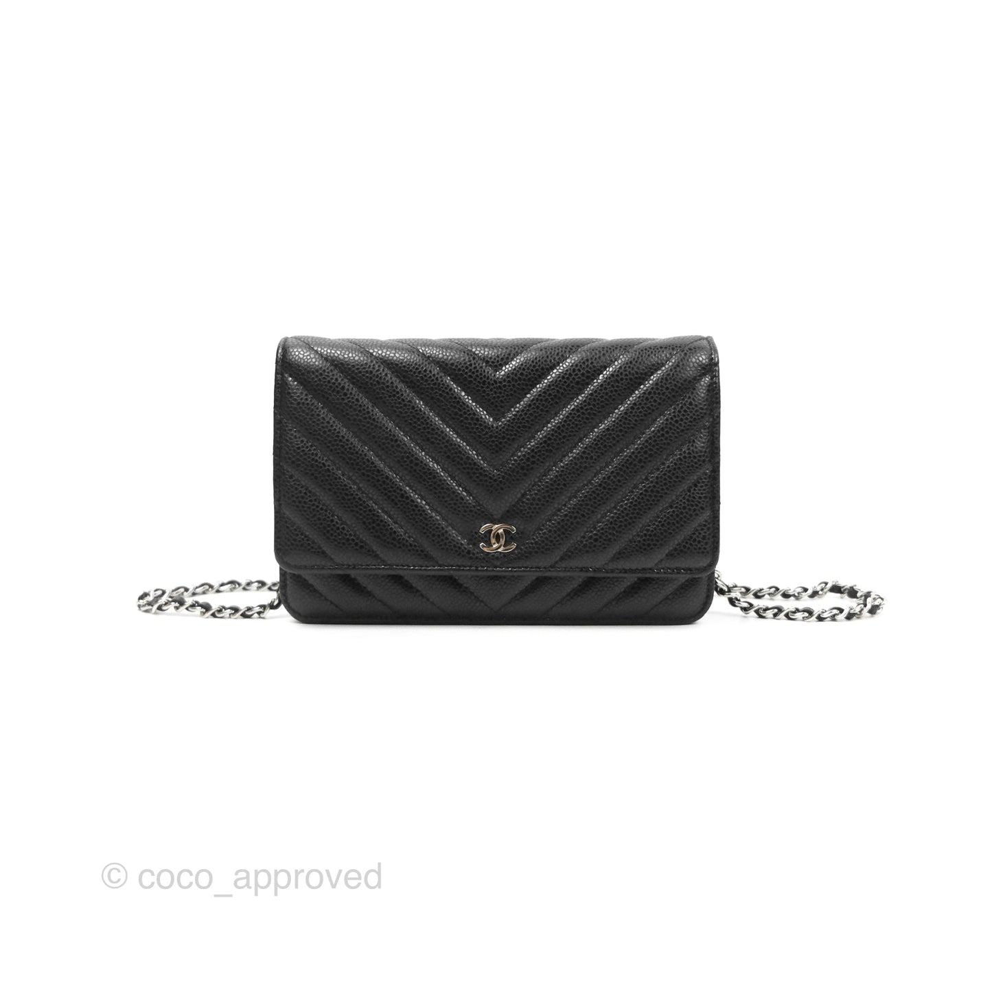 Chanel Classic Chevron Wallet on Chain WOC Black Caviar Silver Hardware