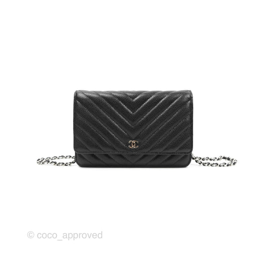 Chanel Classic Chevron Wallet on Chain WOC Black Caviar Silver Hardware