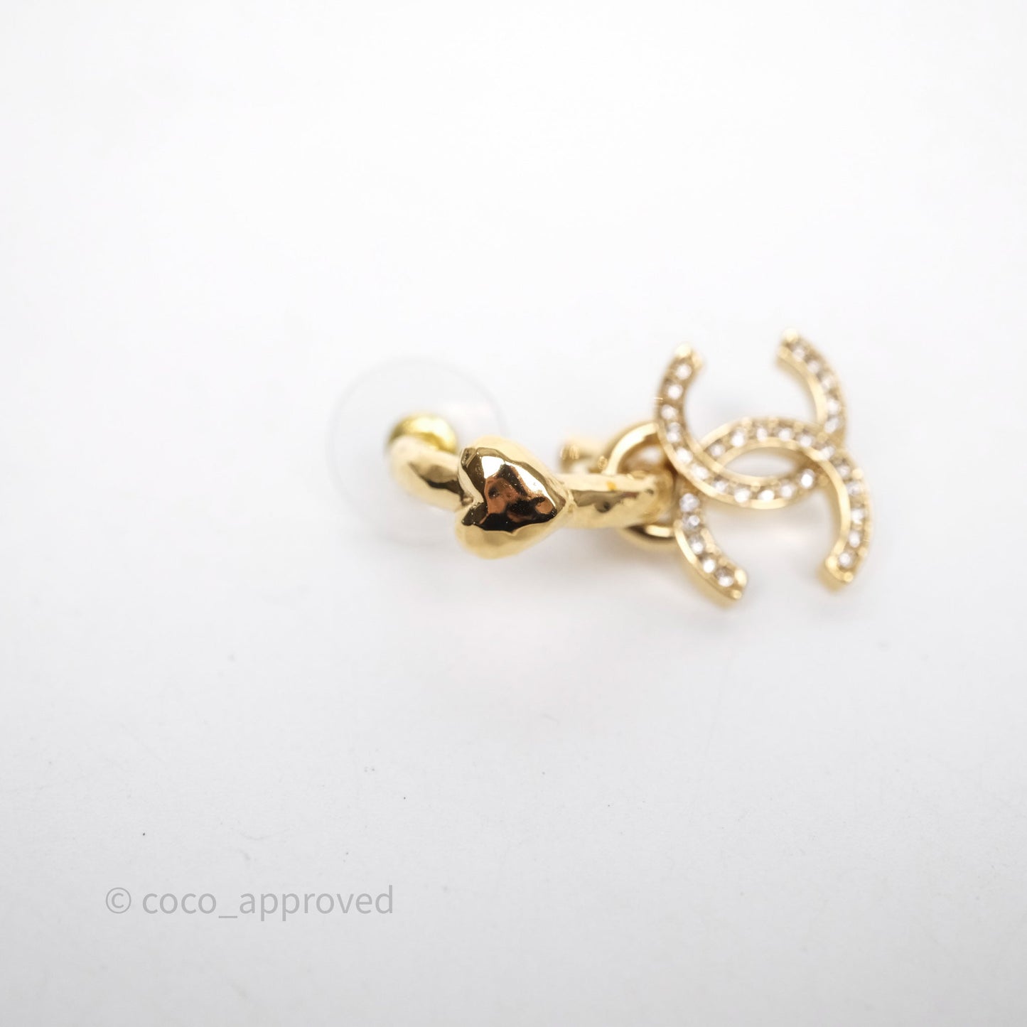 Chanel Heart Crystal CC Drop Hoop Earrings Gold Tone 23P