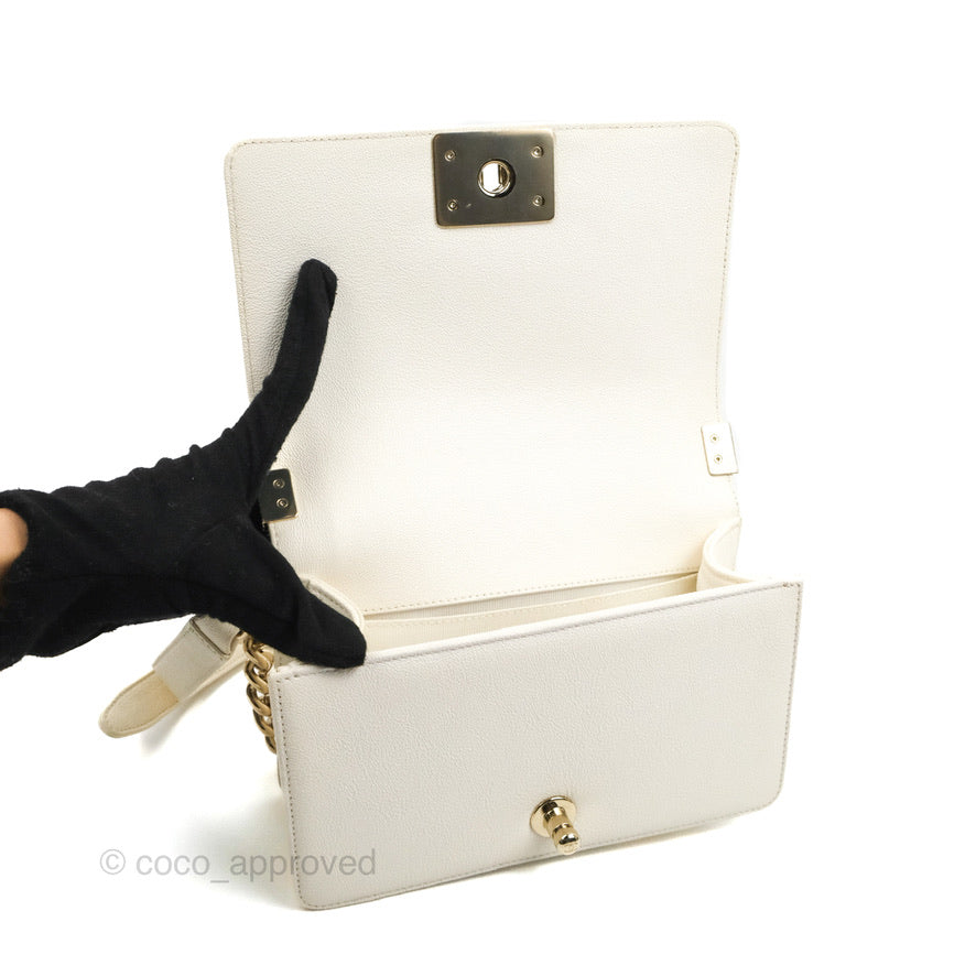 Chanel Small Boy White Caviar Gold Hardware